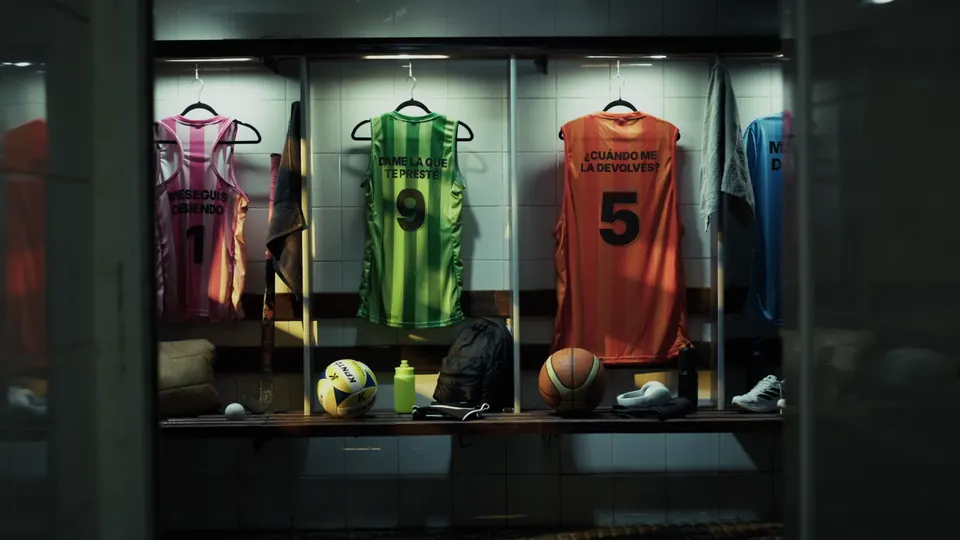 Primer cuadro del spot: un vestuario con camisetas colgadas